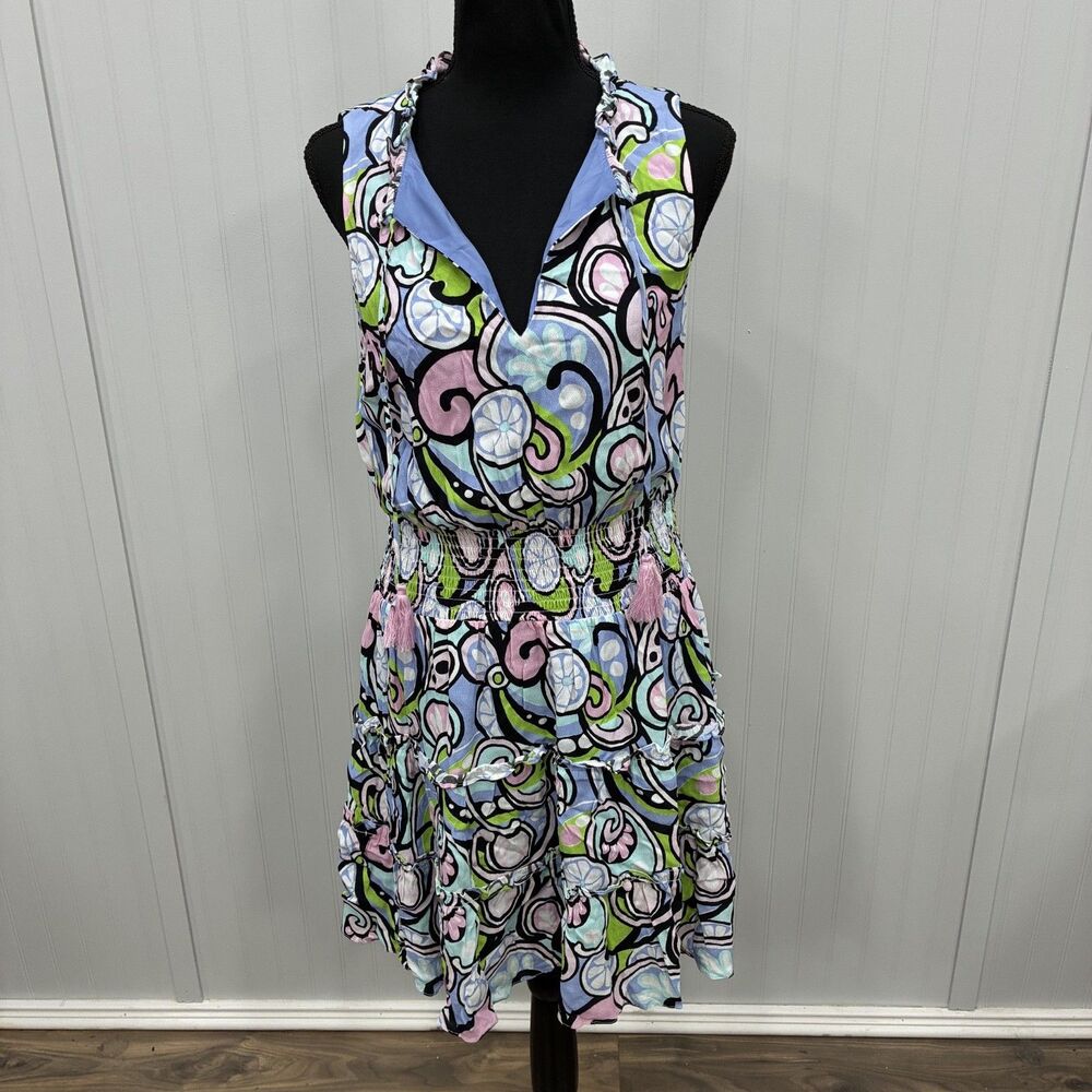 Sail To Sable STS Womens Medium Blue Pink Abstract Citrus Smocked Tiered Dress
